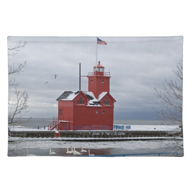 Red Lighthouse in Winter Cloth Placemat (Front)
