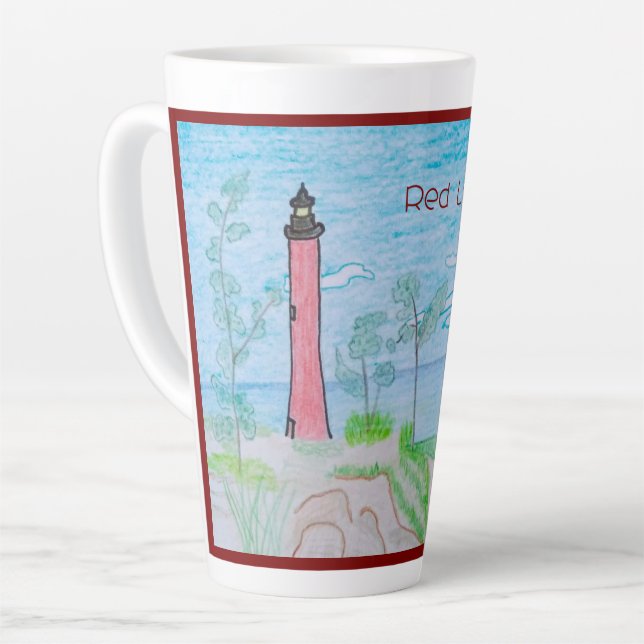 Red Lighthouse Red Outline Latte Mug (Left Angle)