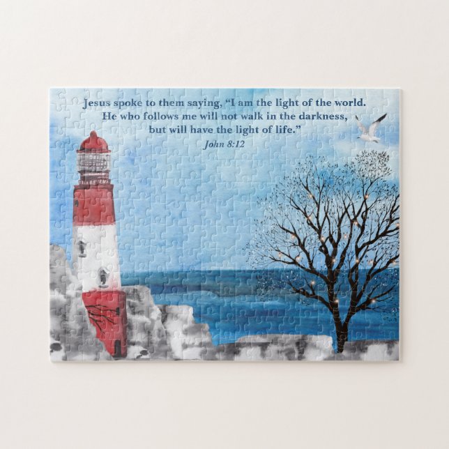Red Lighthouse Scripture Watercolor Scene  Jigsaw Puzzle (Horizontal)