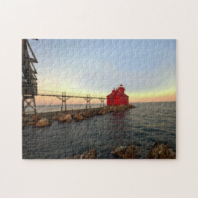Red Lighthouse Stormy Seas Jigsaw Jigsaw Puzzle (Horizontal)