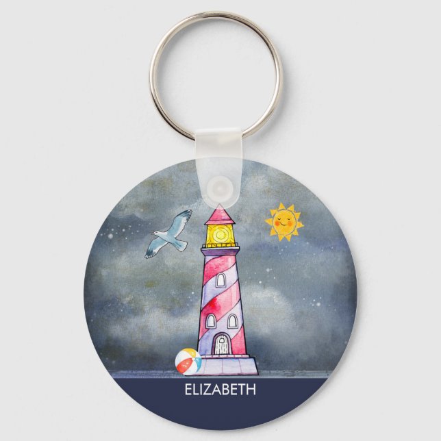 Red Lighthouse with a Stormy Background Keychain (Front)