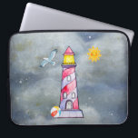 Red Lighthouse with a Stormy Background Laptop Sleeve<br><div class="desc">A laptop sleeve with a whimsical red-striped lighthouse and a colorful beach ball resting against its wall. A gray seagull flies off in the distance. A yellow sun smiles happily in the sky. Billowing stormy clouds closing in from behind. Digital image created with watercolors.</div>