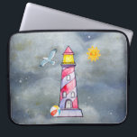 Red Lighthouse with a Stormy Background Laptop Sleeve<br><div class="desc">A laptop sleeve with a whimsical red-striped lighthouse and a colorful beach ball resting against its wall. A gray seagull flies off in the distance. A yellow sun smiles happily in the sky. Billowing stormy clouds closing in from behind. Digital image created with watercolors.</div>
