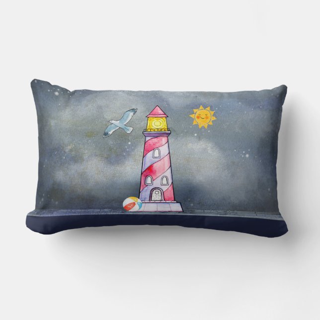 Red Lighthouse with a Stormy Background Lumbar Pillow (Front)