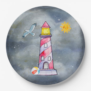 Red Lighthouse with a Stormy Background Paper Plates