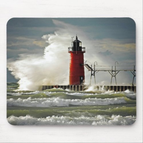 red lighthouse with big wave mouse pad