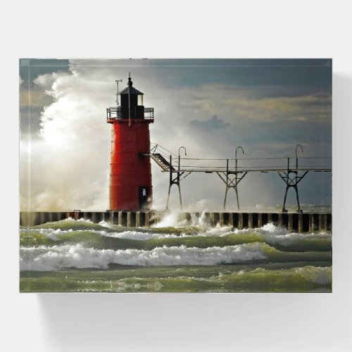 red lighthouse with big wave paperweight