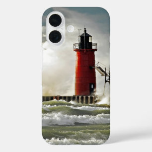 red lighthouse with giant wave iPhone 16 case