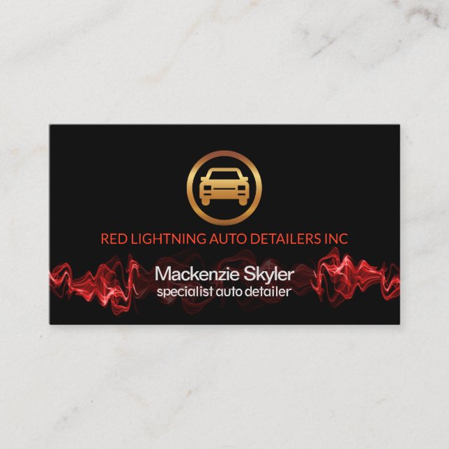 Red Lightning Pulse Silver Car Logo Auto Detailing Business Card (Front)