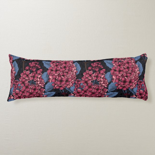 Red lilac on dark blue body pillow (Front)