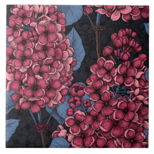 Red lilac on dark blue ceramic tile