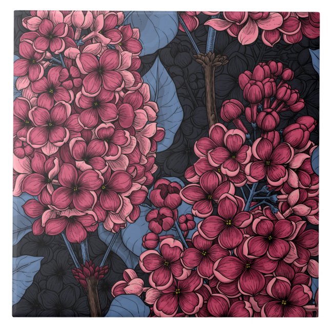 Red lilac on dark blue ceramic tile (Front)