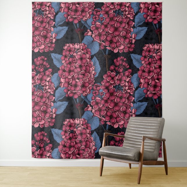 Red lilac on dark blue tapestry (In Situ)