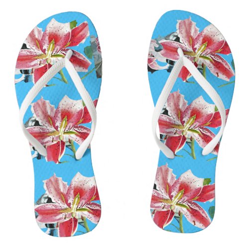 Red Lily Blue Floral Flowers Ladies Thongs Flip Flops