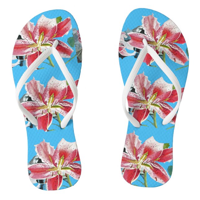 Red Lily Blue Floral Flowers Ladies Thongs Flip Flops (Footbed)