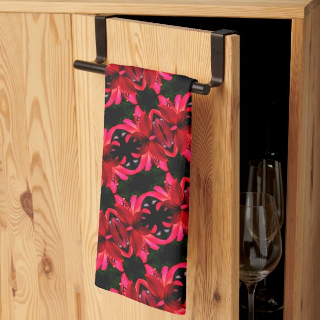 Red Lily Floral Abstract Art Pattern     Kitchen Towel (Thirds Fold)