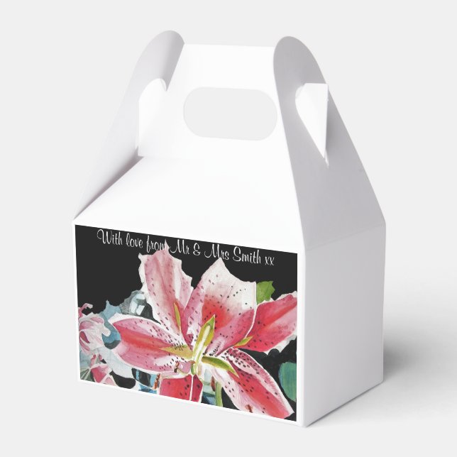 Red Lily Floral flowers Wedding Cake Favor Boxes (Front Side)