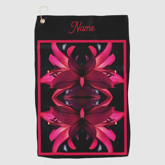 Red Lily Flower Abstract Personalized Golf Towel (Front)