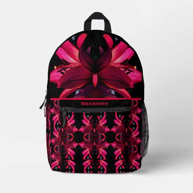 Red Lily Flower Abstract Personalized Printed Backpack (Front)