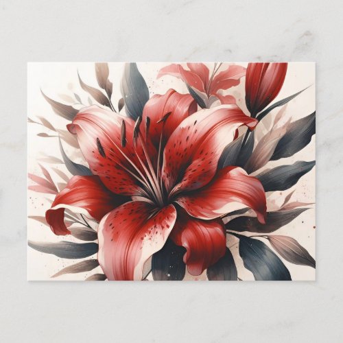Red Lily Flower Aesthetic Vintage Watercolor Postcard