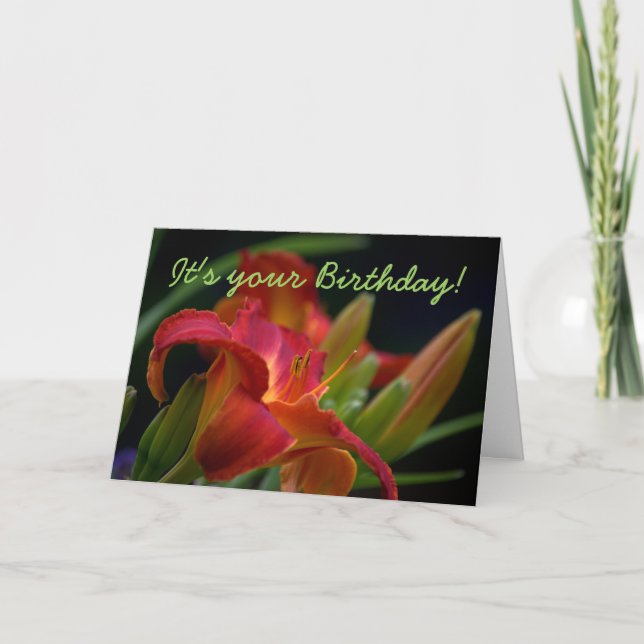 Red Lily Flower Garden Birthday Card (Front)