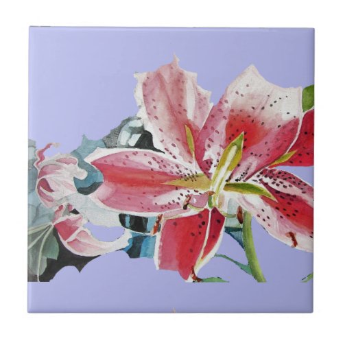 Red Lily Flower Watercolor Floral Ceramic Tile