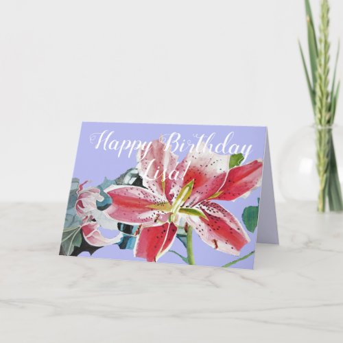Red Lily mauve floral Watercolour Birthday Card