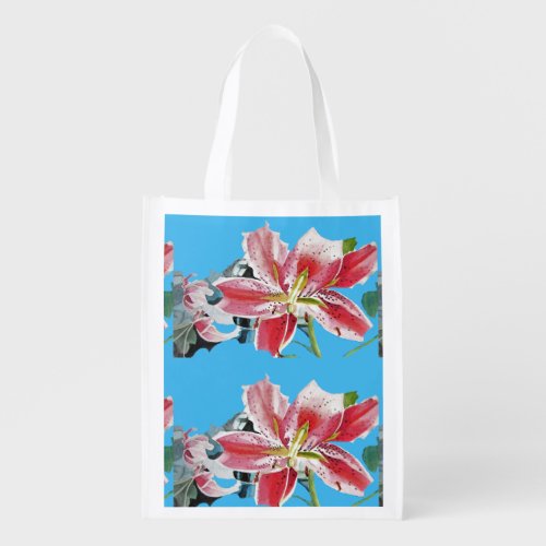 Red Lily Watercolor floral Reusable Grocery Bag