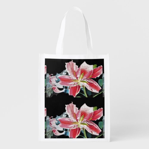 Red Lily Watercolor floral Reusable Grocery Bag