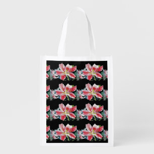 Red Lily Watercolor floral Reusable Grocery Bag