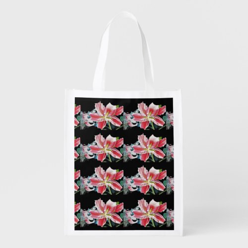 Red Lily Watercolor floral Reusable Grocery Bag