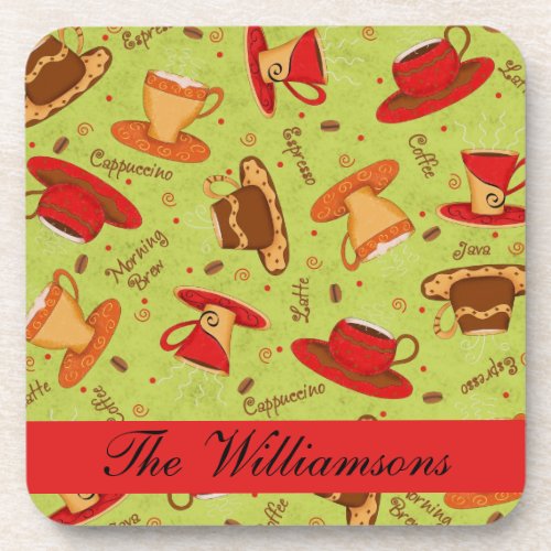 Red  Lime Green Coffee Cup Pattern Personalized Beverage Coaster