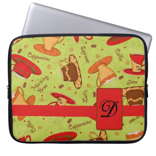 Red  Lime Green Coffee Cups Design Monogram Laptop Sleeve