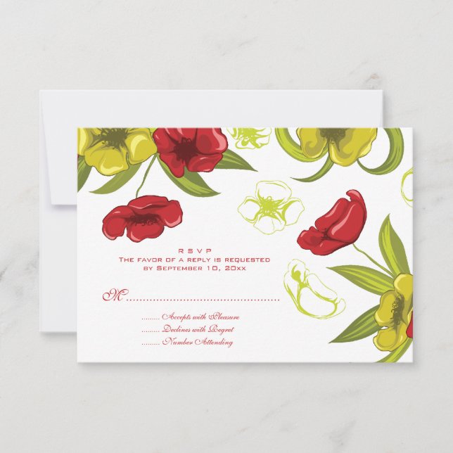 Red + Lime Green poppy flowers wedding rsvp reply Card (Front)