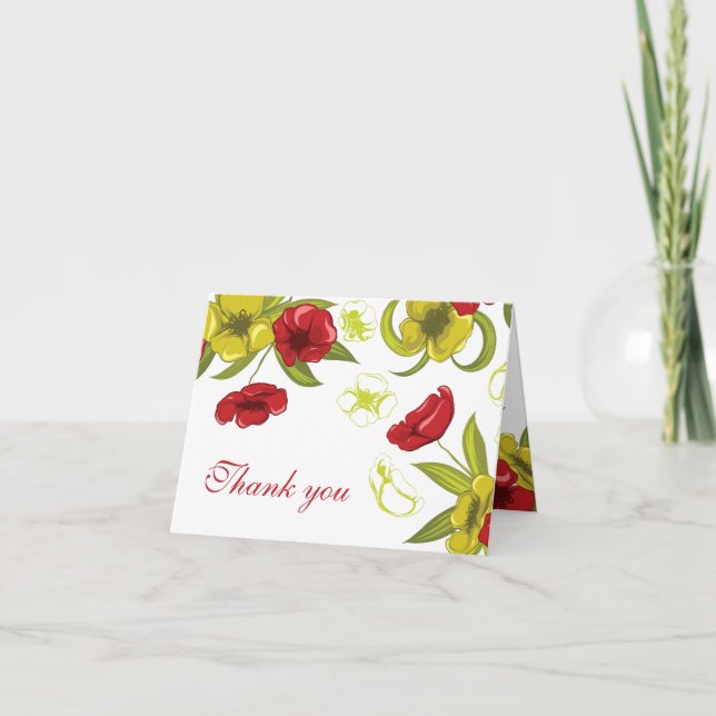 Red + Lime Green poppy flowers wedding thank you (Front)