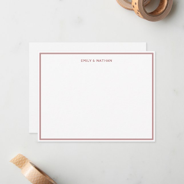Red Line Border Couple Wedding Engagement Custom Note Card (Front/Back In Situ)