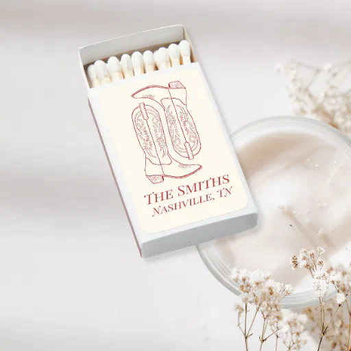 Red line drawing Cowboy boots bachelorette Matchboxes