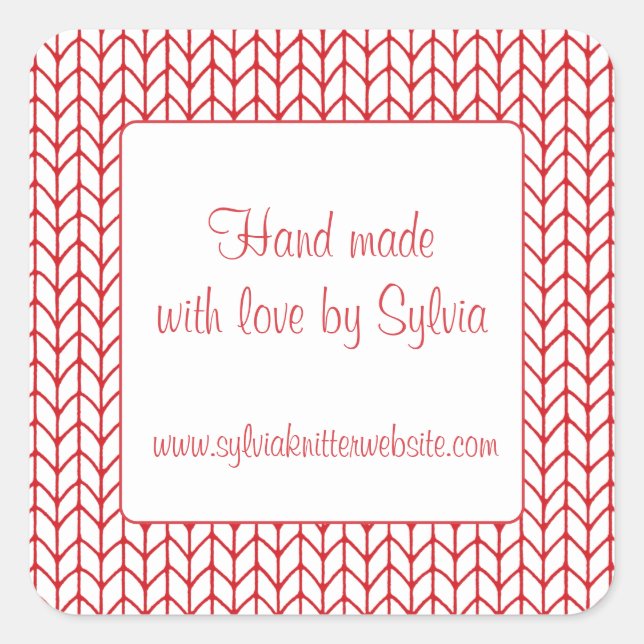 RED LINE KNIT 1.5" Square "Hand Made" Stickers (Front)