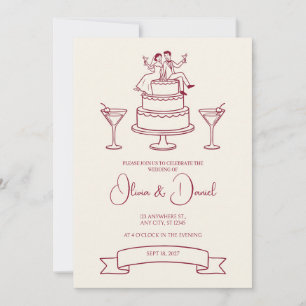 Red Line Wedding Cake Couple Wedding Invitation