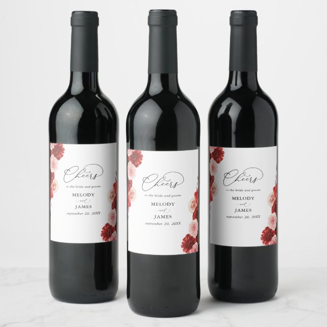 Red Lined Floral Wedding Wine Label (Bottles)