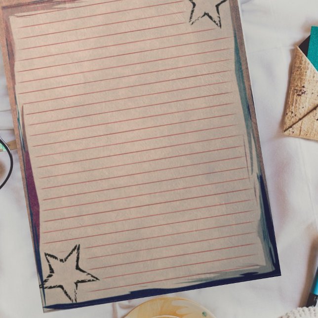 Red Lined Paper Rustic Stars Chic Border on Grunge Notepad (Creator Uploaded)