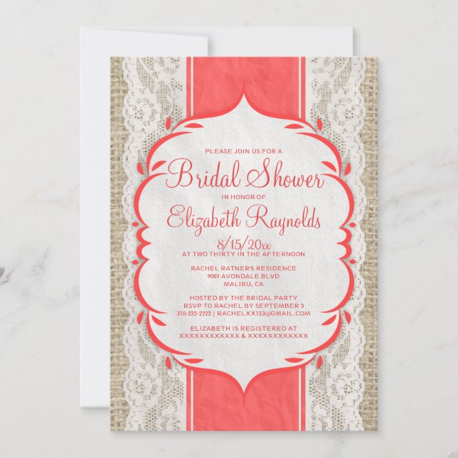 Red Linen Burlap & Lace Bridal Shower Invitations (Front)