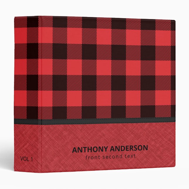 Red Linen Texture and Plaid 3 Ring Binder (Front/Spine)