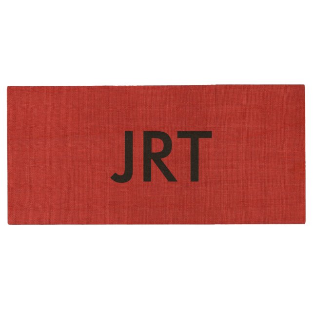 Red Linen Texture Photo with Monogram Wood USB Flash Drive (Front)