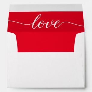 Red lining Love Script Return address Wedding Envelope