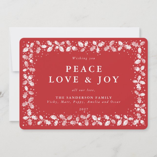 Red Lino Print Holly+Berries Border Flat Non Photo Holiday Card (Front)