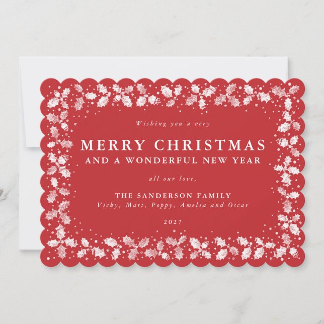 Red Lino Print Holly Leaves Border Flat Non Photo Holiday Card (Front)