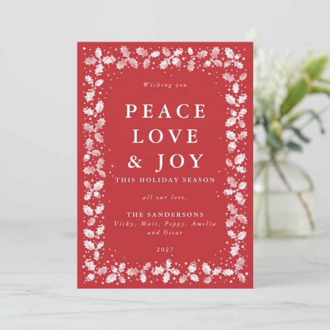 Red Lino Print Holly Leaves Border Non Photo Holiday Card (Standing Front)