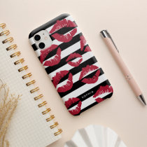 Red Lip Print Kisses Black & White Stripe Case-Mate iPhone 14 Case