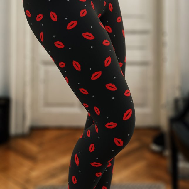 Red Lip Print Lipstick Kiss Black Leggings (Cute red lipstick kisses on a dotty pair of black leggings. Perfect just for you!)